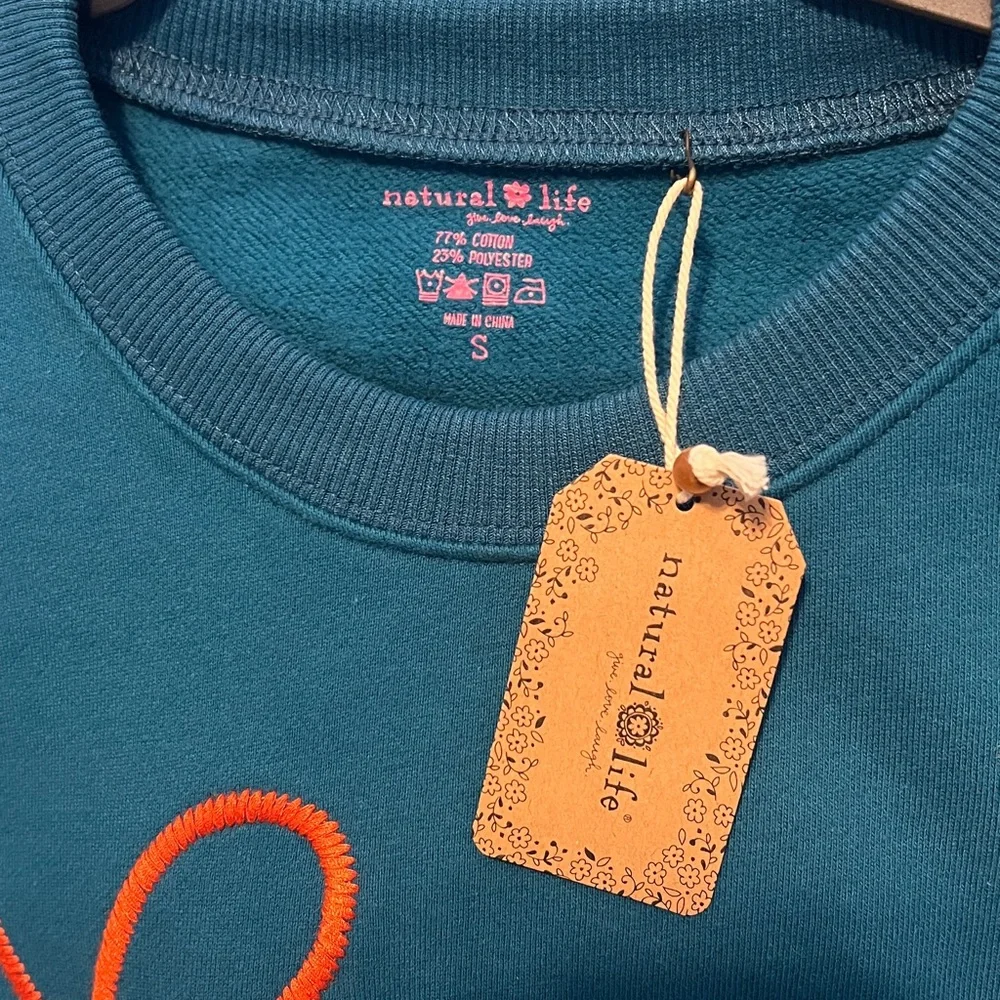 NATURAL LIFE Teal Sweatshirt with Orange and Pink Accents - Picture 2 of 4